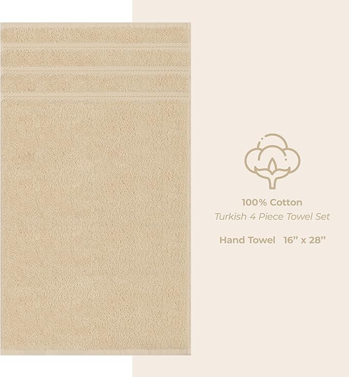 American Soft Linen Luxury Hand Towels for Bathroom, 600 GSM Heawy Weight 16x28 Size 100% Cotton Turkish 4 Piece Hand Face Towel Set, Beige Hand Towels