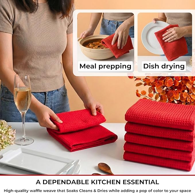 Highly Absorbent Cotton Dish Towels for Drying - Set of 6 Red Kitchen Towels - 18"X28" Lint Free Waffle Weave Cloth Linen Hand Bathroom Bulk Dishtowels