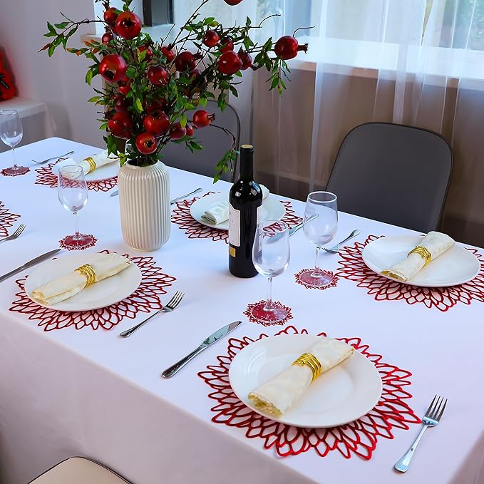Snowkingdom Red Placemats Pressed Vinyl Metallic Shiny Floral Dinning Mats Round Leaf Table Decoration for Halloween Mother's Day Valentine Weddings Mother's Day Christmas Holiday Celebrations 18 Pack