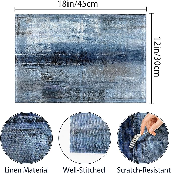 Blue and Gray Placemats Washable, Linen Rectangular Place Mats Set of 4, Dining Table Decor for Living Room, Kitchen, Farmhouse and Outdoor (Blue Gray, 12x18 Inch)
