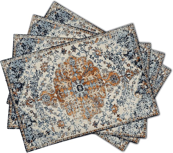 aportt Brown Navy Blue Ethnic Boho Placemats Set of 4 Bohemian Carpet Vintage Gold Black Tan Floral Linen Washable Kitchen Dining Table Mats Stain Heat-Resistant Desktop Place for Home Party 12x18 in
