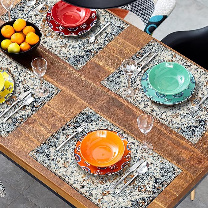 aportt Brown Navy Blue Ethnic Boho Placemats Set of 4 Bohemian Carpet Vintage Gold Black Tan Floral Linen Washable Kitchen Dining Table Mats Stain Heat-Resistant Desktop Place for Home Party 12x18 in