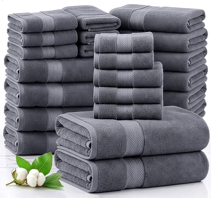 LANE LINEN 100% Cotton Bath Towels Set - 24 PCs - Durable, Quick Dry, Super Soft & Highly Absorbent - 4 Bath, 4 Fingertip, 6 Hand Towels, 8 Washcloths, 2 Bath Sheets - Perfect Family Set - Cool Grey