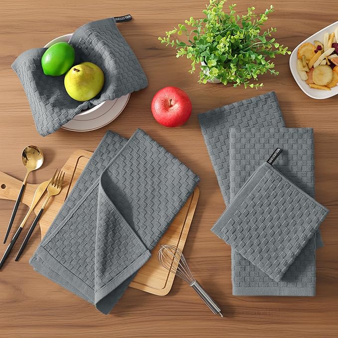 Homaxy 100% Cotton Terry Kitchen Towels(15" x 25", 12 Pack), Soft and Super Absorbent Dish Towels, 380 GSM Reusable Tea Towel with Hanging Loop, Pineapple Grid Designed, Dark Grey