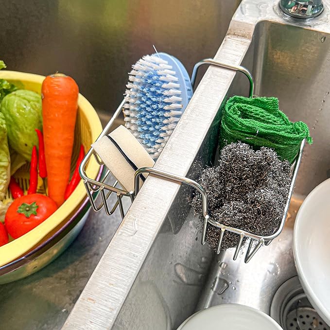 BuleVina Stainless Steel Sponge Holder for Kitchen Sink - Never Rust Hanging Saddle Double for Soap Kitchen Sink Caddy 2.2 inch, Rustproof Organizer for Dishwashing and Brush Drying