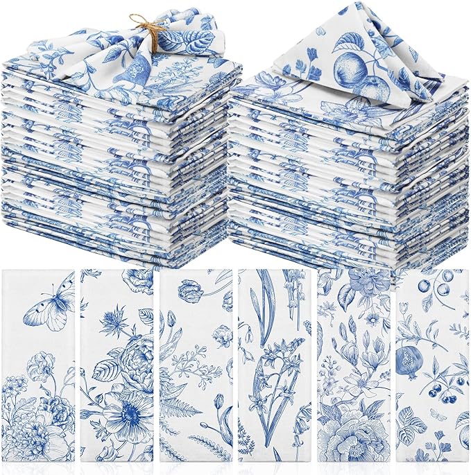 VitalCozy Cloth Napkins-15 x 15 Inch Soft Fabric Napkins Bulk Cloth Washable Reusable Plants Floral Square Napkin Cotton Dinner Towel for Spring Tea Party(Blue White Flower,48 Pcs)
