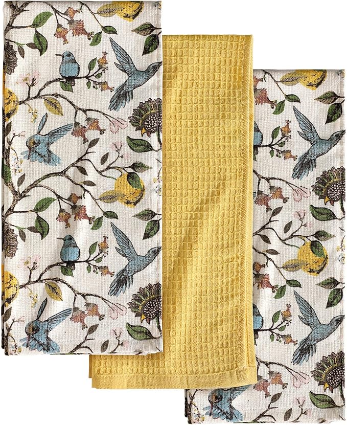 Miss Adola 3pcs Cotton Kitchen Towels - 270 GSM 15x25 Inch Terry Cloths Reusable Dish Cloths for Cleaning Absorbent Soft Hand Tea Towels with Hanging Loop for Housewarming Home Decor, Lemon Bird