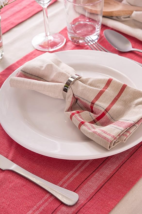 DII French Stripe Tabletop Collection Farmhouse Style Dining Table Linen Napkin Set, 20x20, Taupe/Red, 6 Piece
