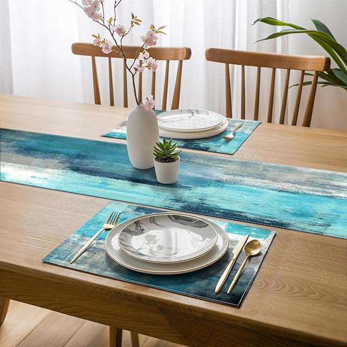 Teal and Gray Table Runner and Placemats Set of 6 Farmhouse Washable Linen Place Mats Rustic Abstract Art Table Decor for Kitchen Dining Coffee Outdoor Party(Teal and Gray, 13"x71"+12"x18")