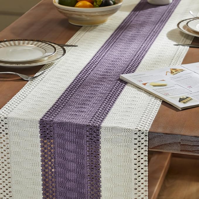 ZeeMart Macrame Style Bicolor Stitching Table Runner, 14 x 72 Inch Purple/Ivory, Boho Purple Table Runners 72 Inches Long, Farmhouse Woven Home Decor