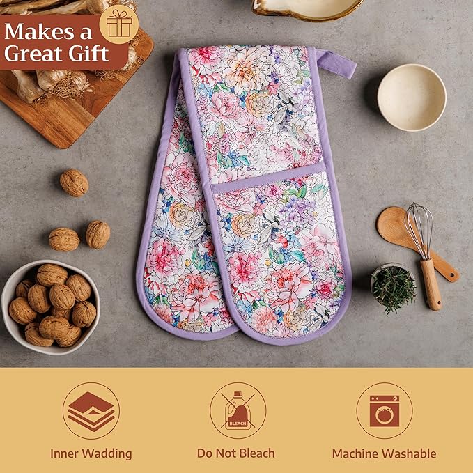 Maison d' Hermine Double Oven Mitts 100% Cotton 7"x35" Double Oven Mitt Heat Resistant BBQ Cooking Gloves with Loop Baking Grilling Gifts for Mothers Day Spring Summer (Floral Love)