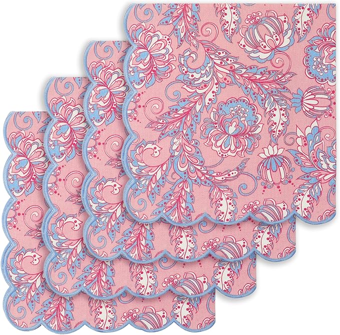 PurpleEssences Scalloped Embroidery Kalamkari Cloth Napkins - Spring Easter Summer - Table Decor - 100% Cotton - Set of 4-18x18 inch - Blush Pink Edges Light Blue