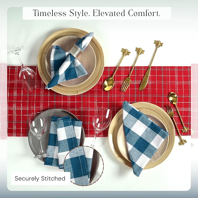 Buffalo Plaid Cloth Napkins, Set of 4, Soft, Durable, Wrinkle Free Fabric Napkins, Checked Napkins for Dinner, Wedding, Restaurant, Buffet, Party, Christmas - Teal White (16”X16”)