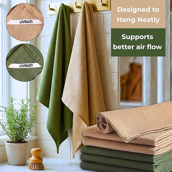 Highly Absorbent Cotton Dish Towels for Drying - Set of 3+3 - Sage Green + Beige Kitchen Towels - 18"X28" Lint Free Waffle Weave Cloth Linen Hand Bathroom Bulk Dishtowels