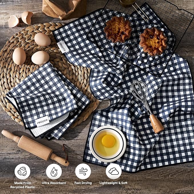RECYCO Waffle Kitchen Towel Set of 2 - Quick Dry Microfiber Sustainable Dish Towels - Ultra Absorbent Reusable Cleaning Tea Towels - Lightweight Hand Towels,16”x 28”, Navy Blue Plaid