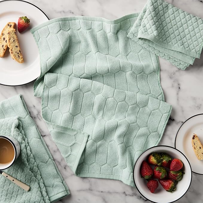 Martha Stewart Honeycomb Chambray Textured Kitchen Towel 4-Pack Set, 100% Cotton with Absorbent Terrycloth, Decorative Kitchen Towels, Mint Green, 16"x28"