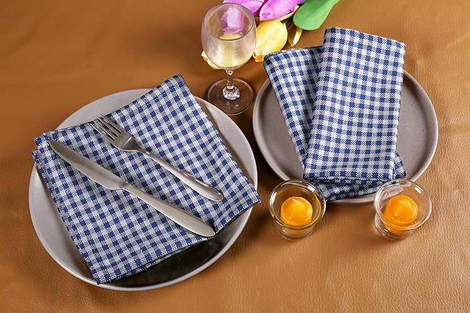 Native Fab Set of 4 Gingham Mini Check Cloth Dinner Napkins 100% Cotton 16x16 inches Soft Comfortable Absorbent Restaurant Hotel Quality - Easy Care Washable Wedding Daily Everyday Use - Blue