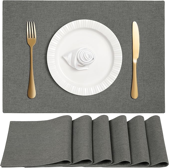 Linen Cloth Double Layers Placemats, Cotton Woven Placemats Set of 6, Kitchen Table Farmhouse Decor Heat Resistant Table Mats, Outdoor Indoor Square Fabric Place Mats Can be Washable (Dark Gray)