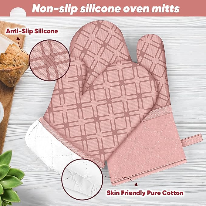 Oven Mitts and Pot Holders Set with Dishcloths, 500 Degree Heat Resistant Oven Gloves and Hot Pads, Premium Soft Cotton Kitchen Mittens and Dish Cloth Sets-Pink