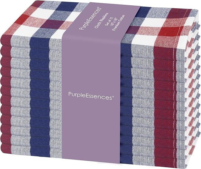 PurpleEssences 4th of July Buffalo Plaid Cloth Napkins - Mitered Corners - Summer - Gingham Check Dinner Napkin - Set of 12-100% Cotton - 18x18 Inch - Reusable Washable - Red White Blue