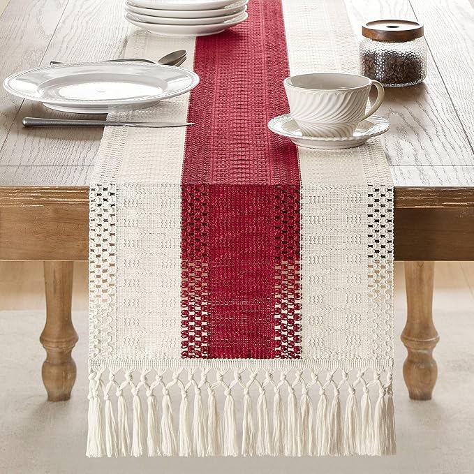 ZeeMart Macrame Style Bicolor Stitching Table Runner, 14 x 60 Inch Red/Ivory, Boho Red Table Runners 60 Inches Long, Farmhouse Woven Home Decor