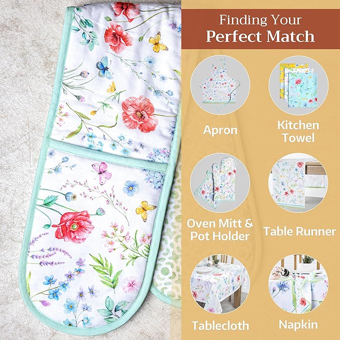 Maison d' Hermine Double Oven Mitts 100% Cotton 7"x35" Double Oven Mitt Heat Resistant BBQ Cooking Gloves with Loop Baking Grilling Gifts for Mothers Day Spring Summer (Just Floral)
