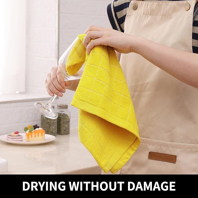Homaxy 100% Cotton Terry Kitchen Towels(Yellow, 13 x 28 inches), Checkered Designed, Soft and Super Absorbent Dish Towels, 4 Pack