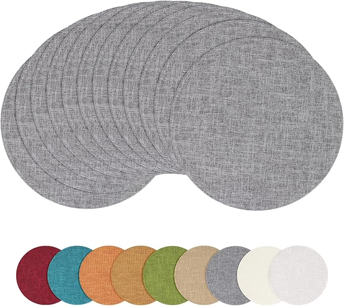 homing 15 Inch Round Cloth Placemats Set of 12, Cotton Linen Blend Washable Table Mats, Farmhouse Dining Place Mats for Indoors & Outdoors, Easy to Clean, Dark Grey