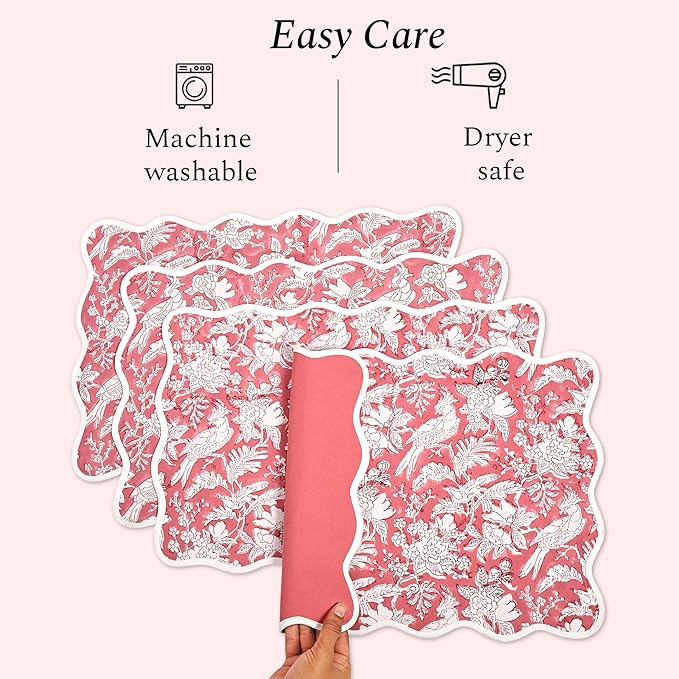 CPC Cotton Placemats Pink Coral Set of 4-Hand Block Printed Reversible Placemats, Flower Scalloped & Embroidered Cloth Table Mats - 14 x 20 inch Gift for Spring, Mother's Day