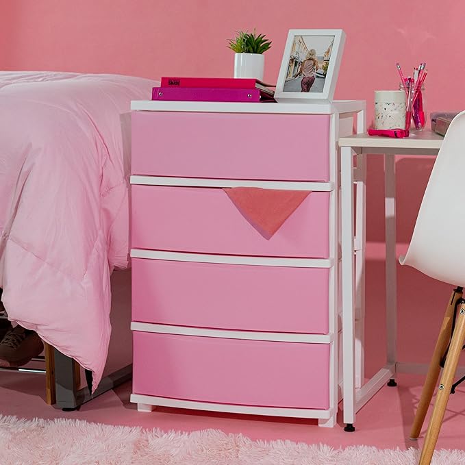 IRIS USA Plastic Drawer Storage Organizer, 4-Drawers, for Art Supplies Bathroom Dorm Bedroom Laundry Room, Wide, White Frame with Matte Pink Front Panels