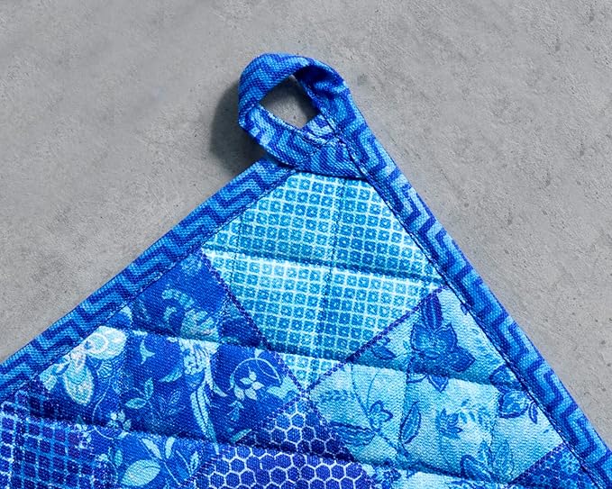 Maison d' Hermine Pot Holders 100% Cotton Heat Resistant Potholders 8" x 8" Hot Pads with Loop BBQ Cooking Baking Gifts for Mothers Day Handling Hot Pans Spring/Summer (Pack of 2, Indigo Love)