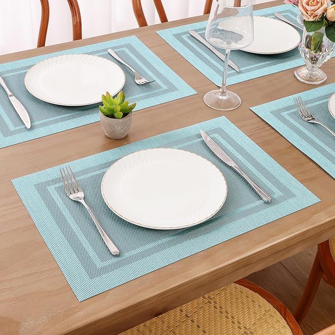SHACOS Woven Vinyl Placemats Set of 6 Wipe Clean Place Mats for Dining Table Heat Resistant PVC Weave Table Mats Indoor Outdoor (6, Frame Light Turquoise)