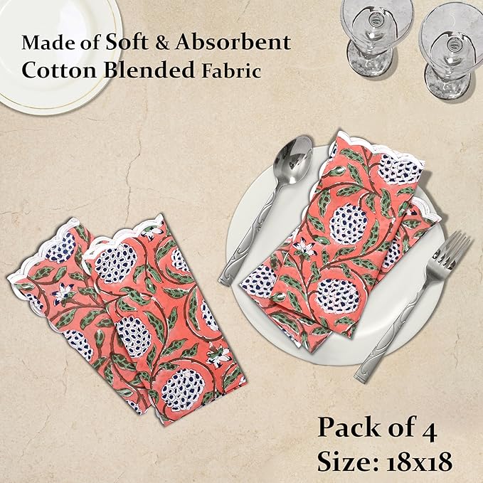 Ridhi Hand Block Print Dark Salmon Pink 18" x 18" (Set of 4) Embroidery Table Napkins Reusable Cotton Dinner Napkins for Weddings, Parties, Everyday Dining Gift for Spring, Easter, Valentine