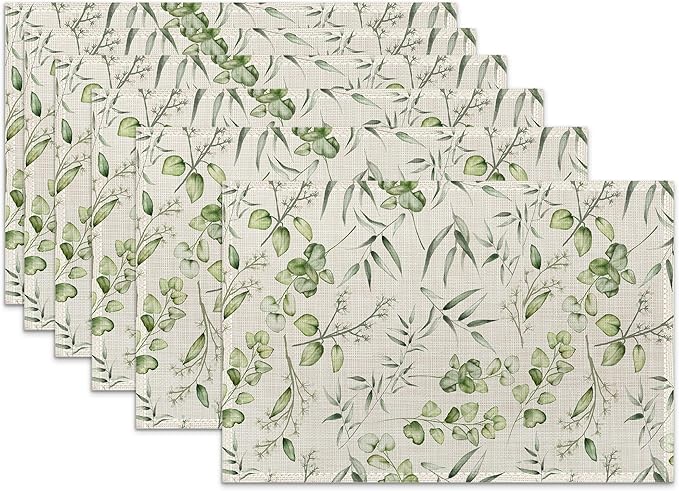 Eucalyptus Leaves Placemats Set of 6 Linen Heat Resistant,Elegant Flower Table Mats Washable Rustic Place Mats Decoration for Home Kitchen Dining Room Party 12x18 Inch