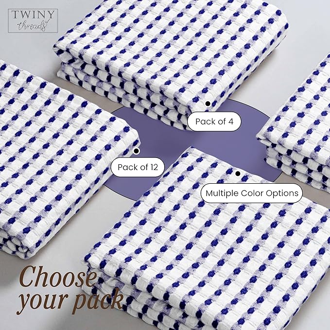 TWINY threads Waffle Kitchen Towels 4 Pack, 16x26 Inches Absorbent Waffle Weave Dish Cloth Set for Drying Dishes, Soft, Durable & Machine Washable Tea Towel, Quick Dry, Indigo Blue, White
