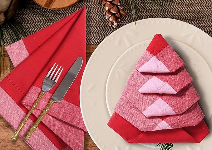 Bedding Craft Christmas Cloth Napkins Set of 12 – 20x20 Red Cotton with Double Hemstitch – Soft, Durable & Washable Table Napkins for Farmhouse Décor, Thanksgiving, Holiday Parties & Everyday Use