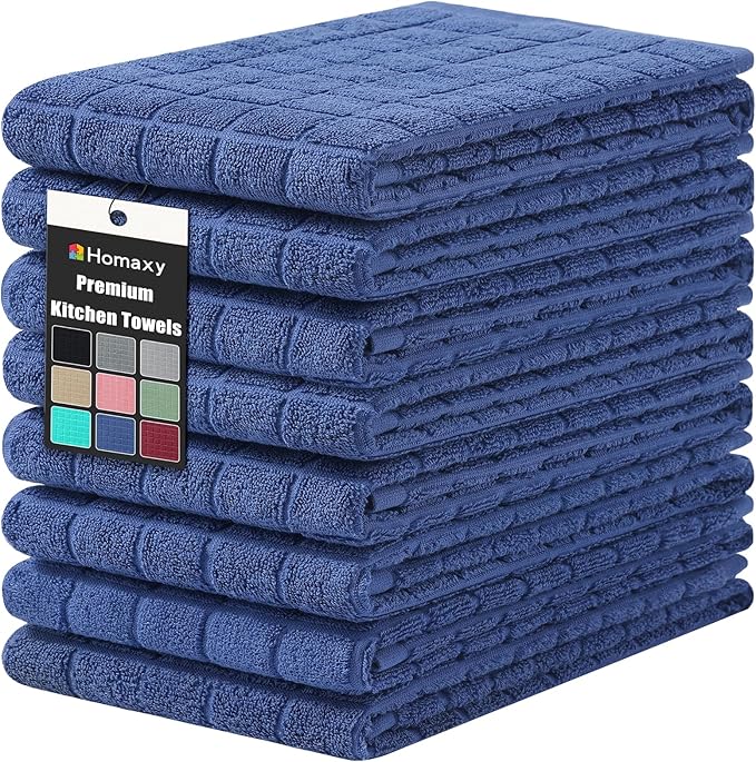 Homaxy Premium Cotton Kitchen Towels 16"x 28", Large Natural Ring Spun 390 GSM Dish Towels, Super Absorbent Terry Kitchen Hand Towels, Soft Tea Towels with Hanging Loop, Pure Navy Blue Design, 8 Pack