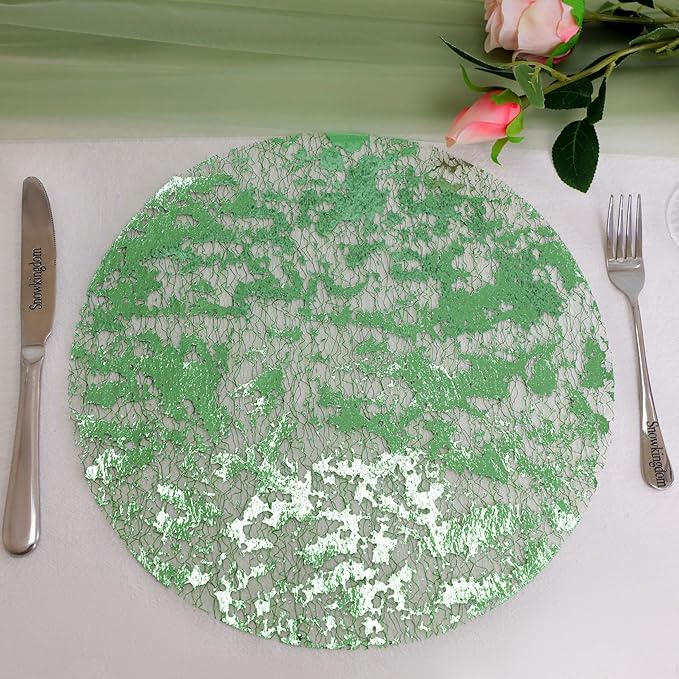 Snowkingdom 24 Pcs Sage Green Placemats, Disposable 13" Round Table Mats with Metallic Foil Glitter Paper doilies Chargers Centerpiece, Wedding Holiday Christmas Thanksgiving Party Dining Table Decor