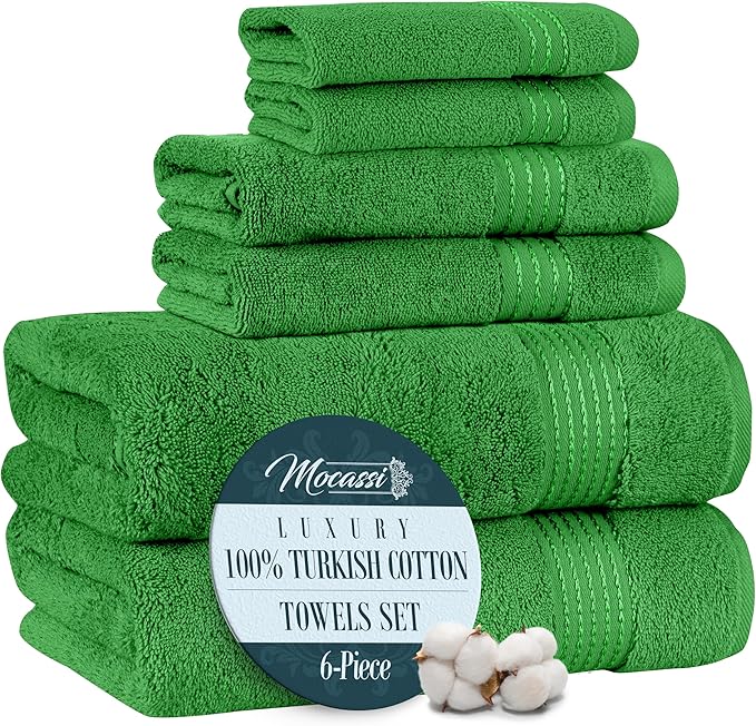 Mocassi Luxury 100% Turkish Cotton 6-Piece Towel Set -Ultra Soft, Quick Dry Highly Absorbent Premium Spa Hotel Quality Bath Towels,Includes 2 Bath Towels, 2 Hand Towels and 2 Washcloths, Emerald Green