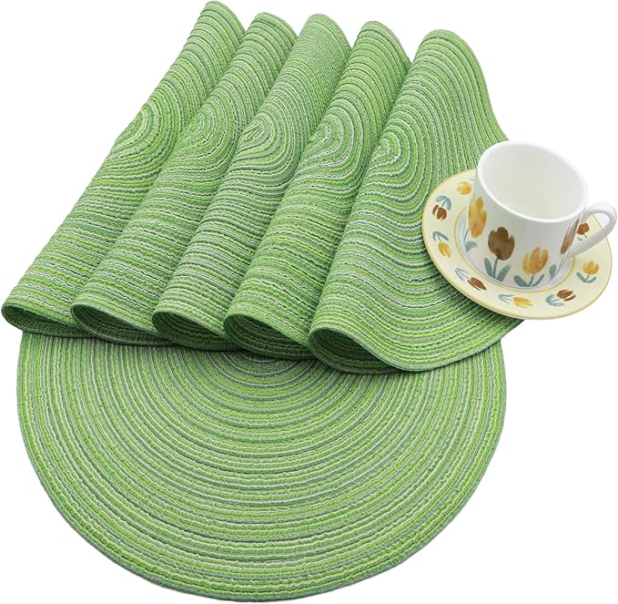 Braided Round Placemats Set of 6,Woven Washable Non-Slip Table Mats for Kitchen Dining, 14.5 Inch, Heat Resistant - Natural Fabric Indoor Outdoor Place Mats(Coffee)