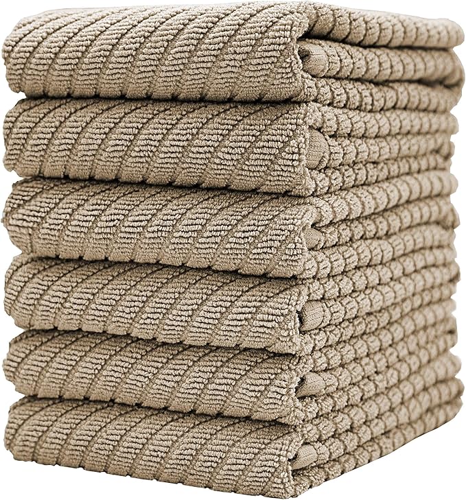 Premium Kitchen Towels (16”x 25”, 6 Pack) | Large Cotton Kitchen Hand Towels | Dish Towels | Diagonal Weave Design | 445 GSM Highly Absorbent Tea Towels Set with Hanging Loop | Tan