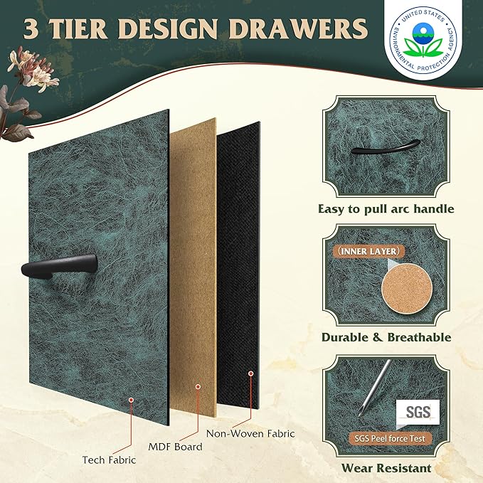 WLIVE Fabric Dresser, 5-Drawer Tall Dressers for Bedroom, Storage Dresser Organizer with Fabric Bins, Wood Top, Sturdy Steel Frame, Chest of Drawers for Closet, Hallway, Vintage Green