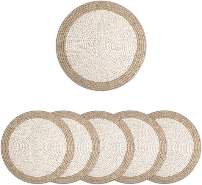 Encasa XO Dining Placemats Set of 6 | Cotton Round Table Mat - 13 in Diameter | Off White & Beige | Handmade Rib Style Chargers for Dinner Plates