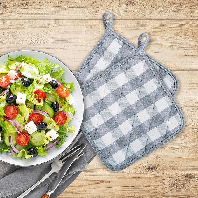 Buffalo Check Pot Holders, 2 Pack, Grey - 8" x 18" - Quilted Trivet Pot Holders are Heat Resistant, Machine Washable & Stain Repellant - Non-Slip for Pots & Pans by Achim Home Decor