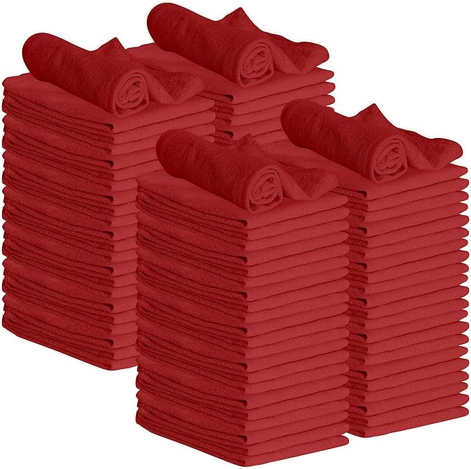 GREEN LIFESTYLE Shop Towels 12" x 14" 100 Pack - Red Cotton Shop Towels, Cleaning Rags Bulk, Reusable Shop Rags, Absorbent Terry Cloth Towels for Garage, Automotive, Industrial and Home Use