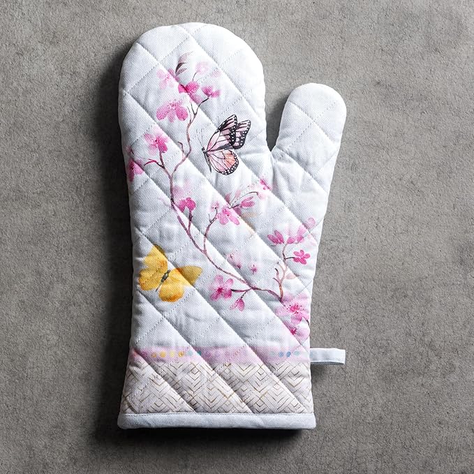 Maison d'Hermine Oven Gloves 100% Cotton Oven Mitt 7" x 13" with Loop Heat Resistant BBQ Cooking Gloves Baking Grilling Gifts for Mothers Day Spring/Summer (Pack of 1, Blossoms in Spring)