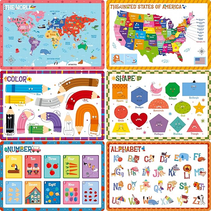 6 Pack Placemats for Kids, Non-Slip Washable, Reusable Alphabet, Number, Shape, Color, America & World Map Themed Educational Placemats for Home, Kindergarten, Classroom, Nursery