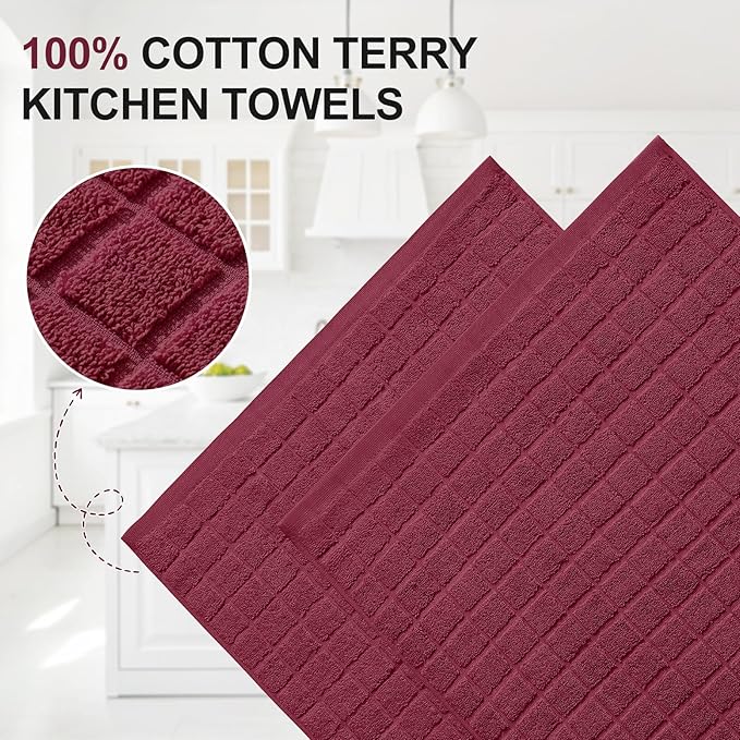 Homaxy Premium Cotton Kitchen Towels 16"x 28", Large Natural Ring Spun 390 GSM Dish Towels, Super Absorbent Terry Kitchen Hand Towels, Soft Tea Towels with Hanging Loop, Pure Red Design, 8 Pack