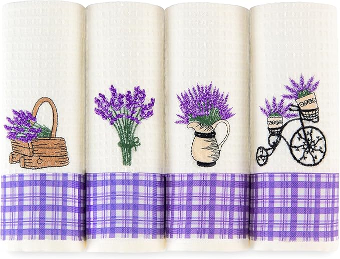 Lavien Home Cotton Kitchen Towels Set of 4 - Lavender Embroidered Tea Towels, Absorbent and Soft Waffle Weave with Plaid, 16x24 inches