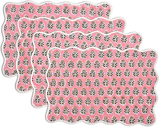 CPC Cotton Placemats Poopy Pink Set of 4-Hand Block Printed Reversible Placemats, Flower Scalloped & Embroidered Cloth Table Mats - 14 x 20 inch Gift for Spring, Mother's Day